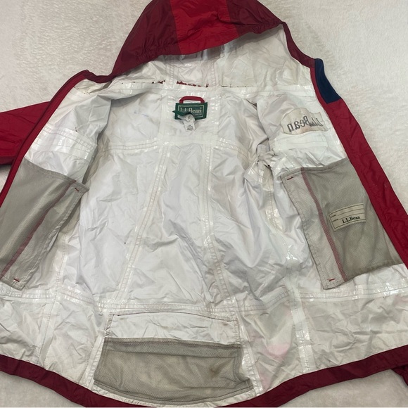 LL Bean Rain Jacket Youth Size Medium 10/12 Red Reflective Hooded Coat Nylon - Picture 12 of 16